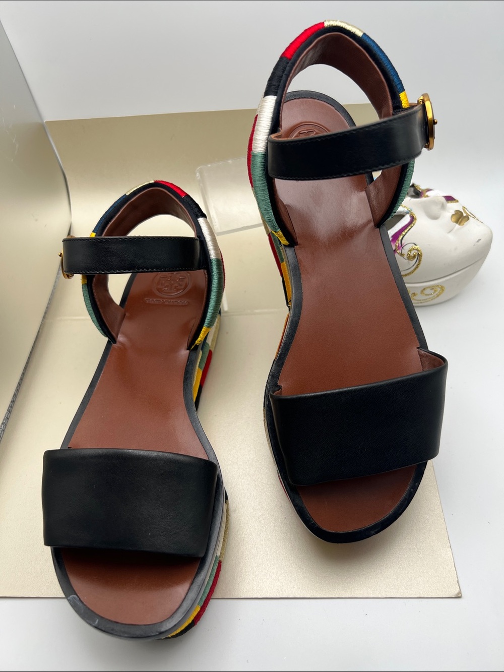 Tory Burch Black Leather Ankle-Strap Sandals with Multicolor Trim Used